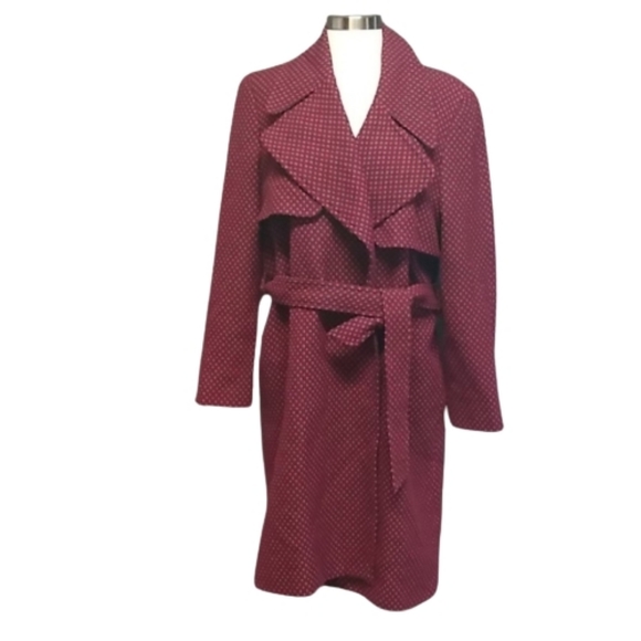 Linda Allard Ellen Tracy 100% Wool Belted Polkadot Burgundy Red Trench Coat 12 - Picture 11 of 11